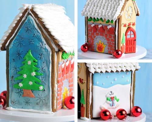 Decorated gingerbread house displayed on a round cake stand.