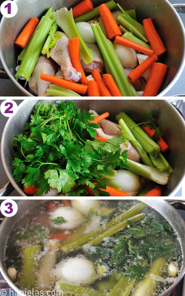 Large stainless steel pot with fresh root vegetables and fresh chicken.