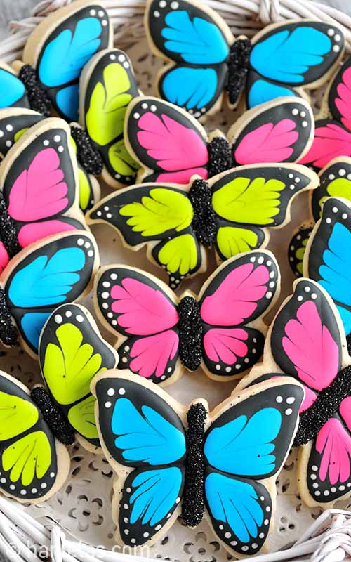Royal icing decorated sugar cookies on a tray.