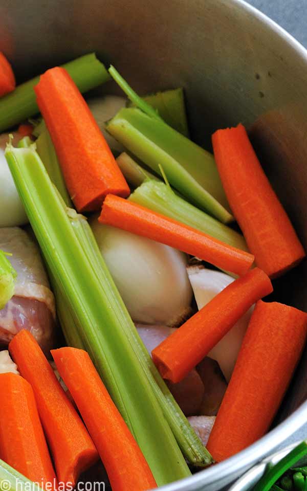 Peeled carrots, celery stalks, onions in a pot.
