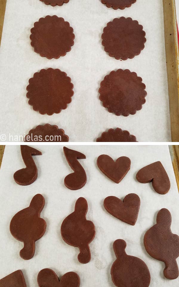 Cut out cookies on a baking sheet lined with parchment.