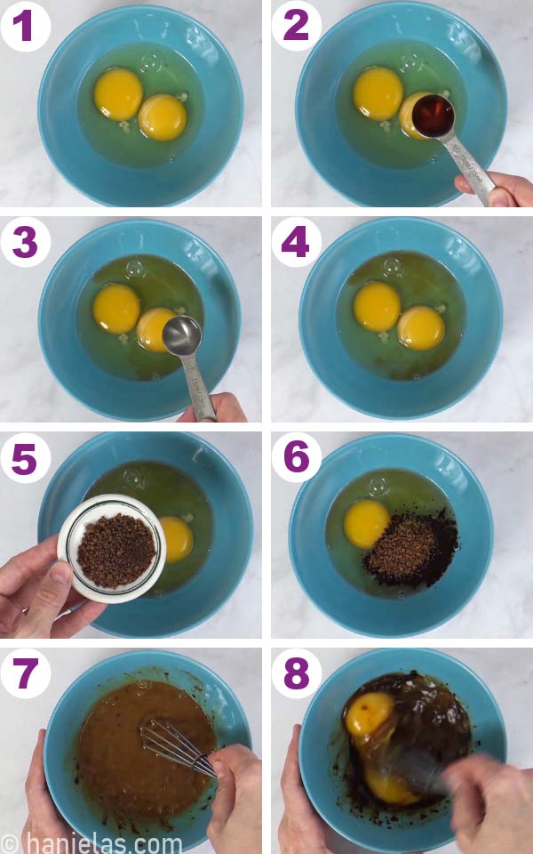 Blue bowl with 2 eggs, extracts and coffee granules.