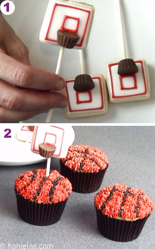 Hand inserting a cookie pop into a cupcake decorated with buttercream to look like a basketball.