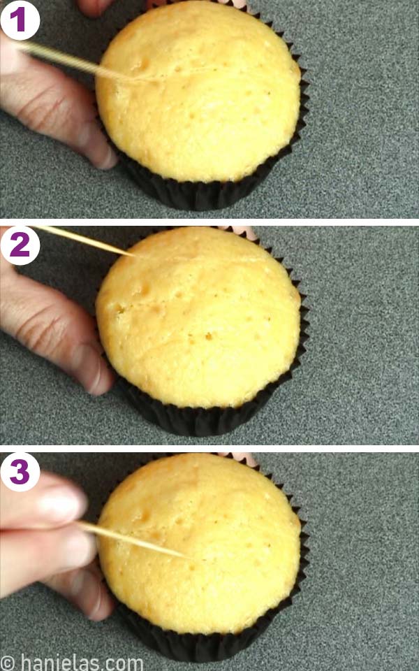 Bakes yellow cupcake, hand holding a toothpick creating as simple guide on top of a cupcake.