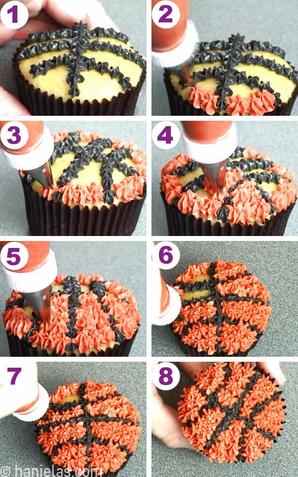 Cupcake in a brown liner paper being decorated with a basketball pattern using buttercream.