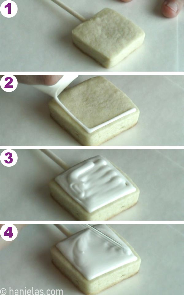 Small square cookie decorated with white royal icing.