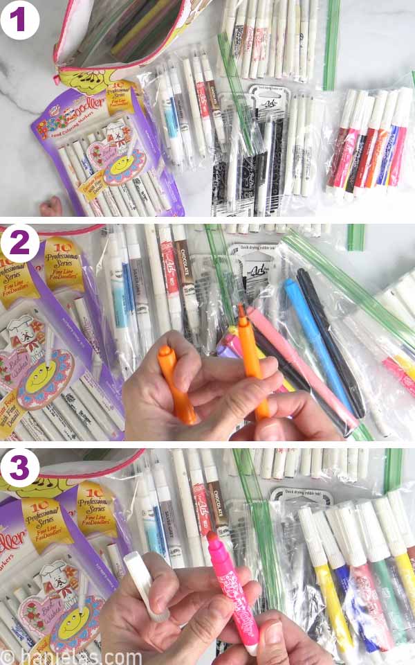 Collection of different edible markers stored in clear ziploc bags.
