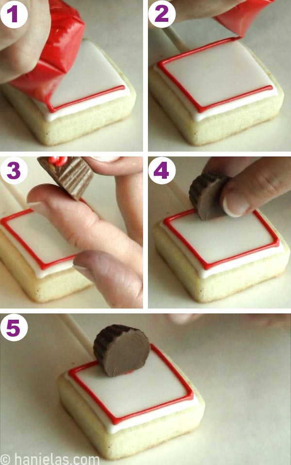 Gluing reese's mini chocolates onto a cupcake.