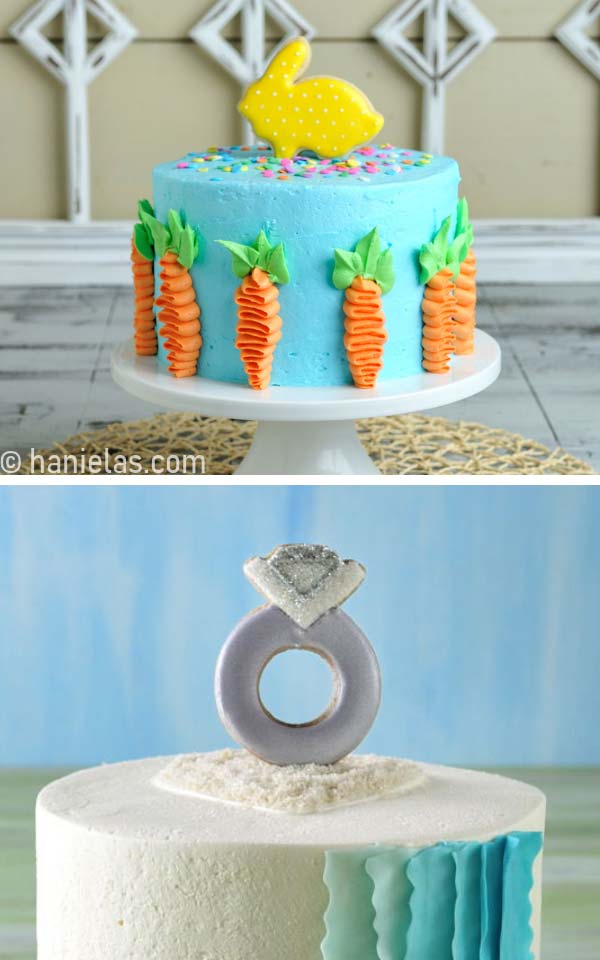 Two Cakes decorated with buttercream, top cake has a yellow polka dot bunny cookie topper and bottom cake has a diamond ring cookie topper.