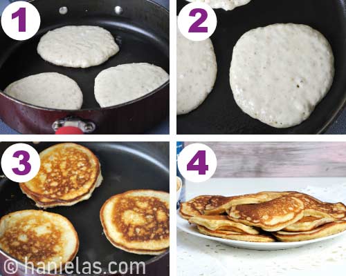 Cooking pancakes on a skillet.