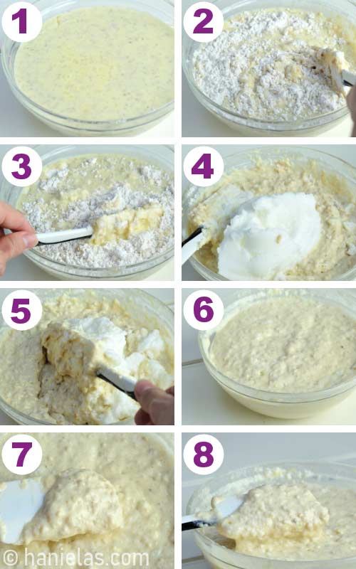 Folding flour and meringue into the wet ingredients.