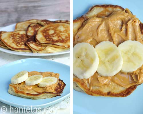 Pancakes with peanut butter and slices bananas on a blue plate.