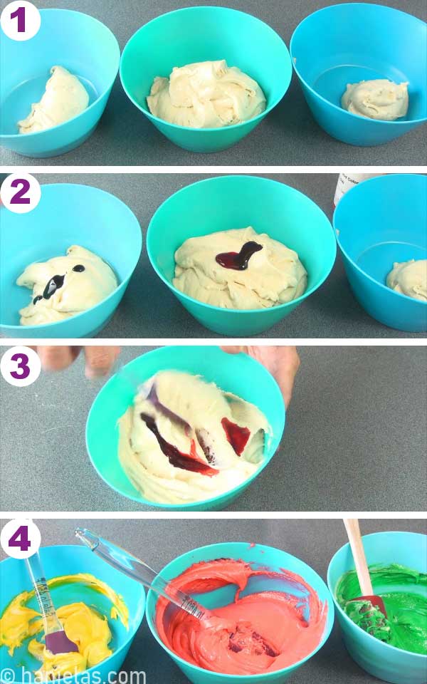 Bowls with colored cake batter.