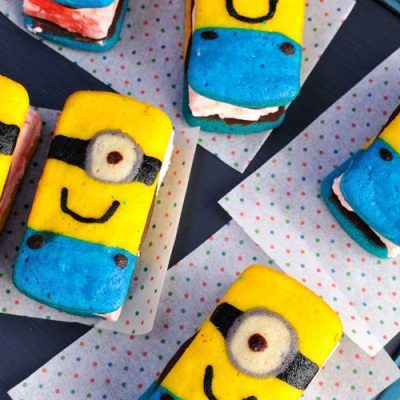 Rectangular minion ice cream sandwiches on a tray.