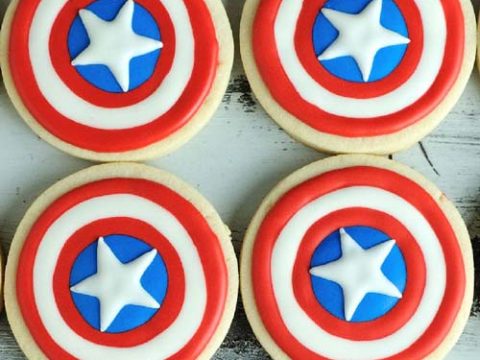 Decorated red blue white patriotic captain america cookies.