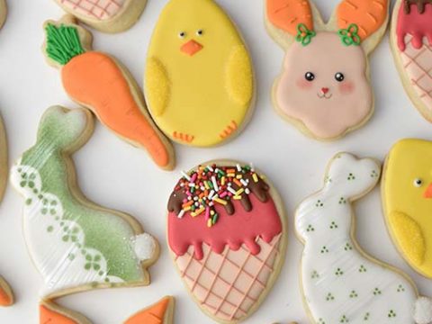 Decorated bunny, chick and carrot cookies.
