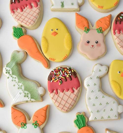 Decorated bunny, chick and carrot cookies.