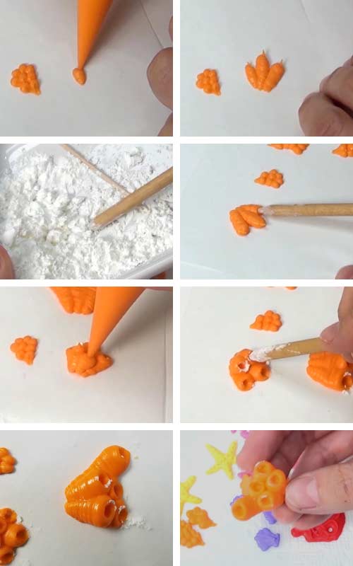 Thick royal icing piped into tubes. Making a whole in royal icing with a tool dipped in corn starch.