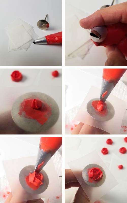 Piping royal icing roses with a petal tip.