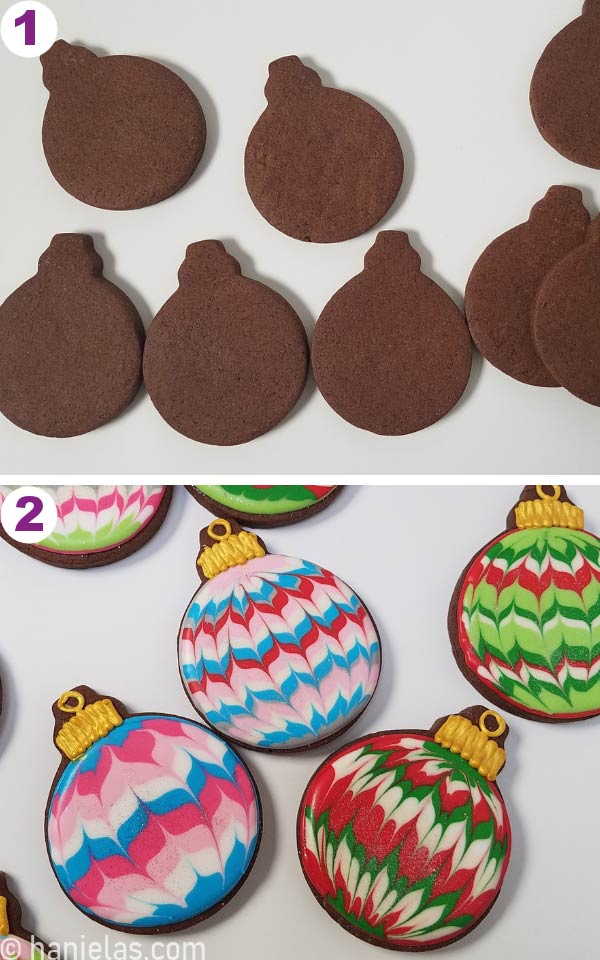 Baked undecorated chocolate cookies and decorated cookies on a white background.