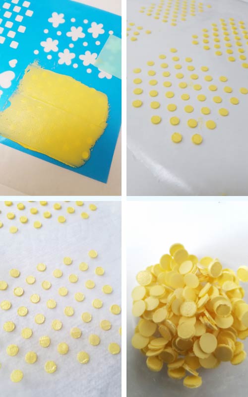 Royal icing spread over a polka dot stencil. Gold coins from icing.