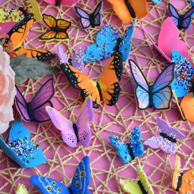 beautiful colorful royal icing butterfly display