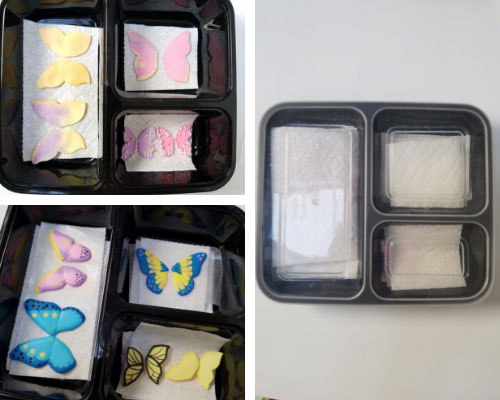 Royal icing decorations in a plastic container