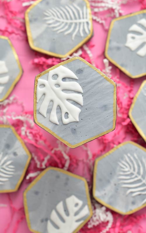 Cookie with concrete royal icing texture and monstera leaf plant designs.