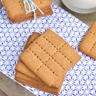 Homemade Graham Crackers on a blue paper napkin.