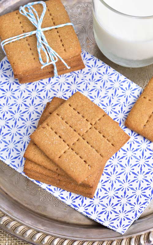 Homemade Graham Crackers on a blue paper napkin.