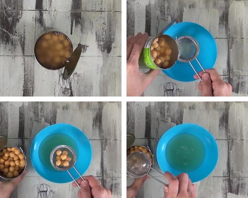 Pouring brine from chickpeas into bowl thru a fine mesh strainer.