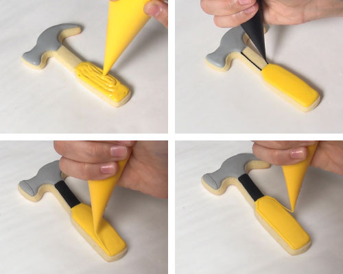 Icing hammer cookies with yellow royal icing.