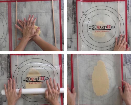 Rolling out cookie dough using rolling guides and large silicone mat.