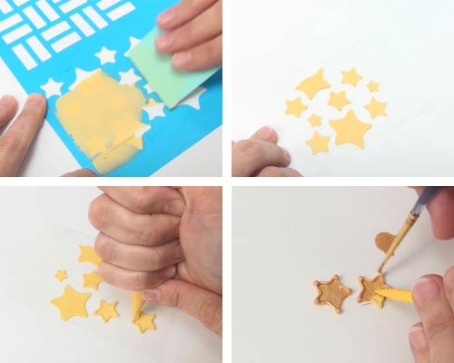 Spreading royal icing over a star stencil.