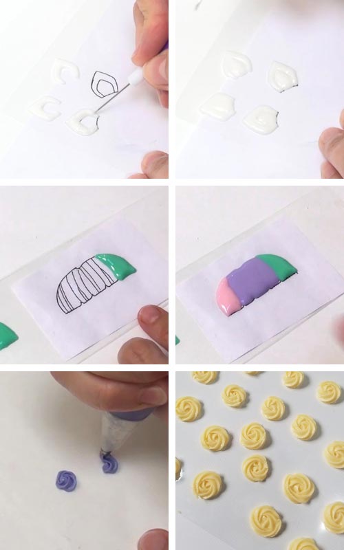 Piping royal icing transfers - ears, hair band and rosettes.