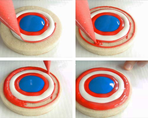 Piping a ring shape with red royal icing.