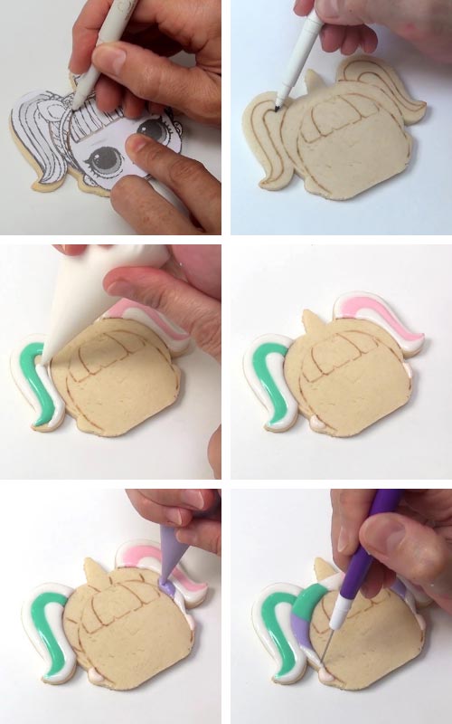 Tracing outlines on a cookie with edible marker.