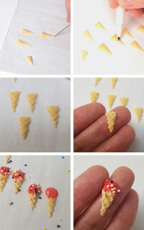 Making mini royal icing ice cream cone transfers.