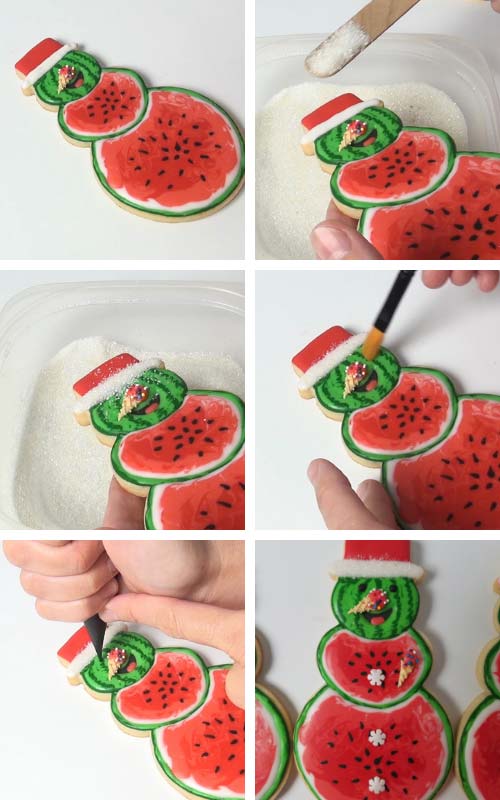 Dusting a cookie with white sanding sugar.