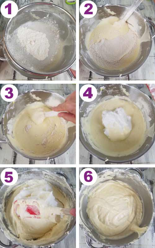 Folding meringue and flour into the egg yolk mixture.