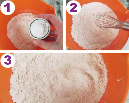 Whisking flour, salt and baking powder in a bowl.