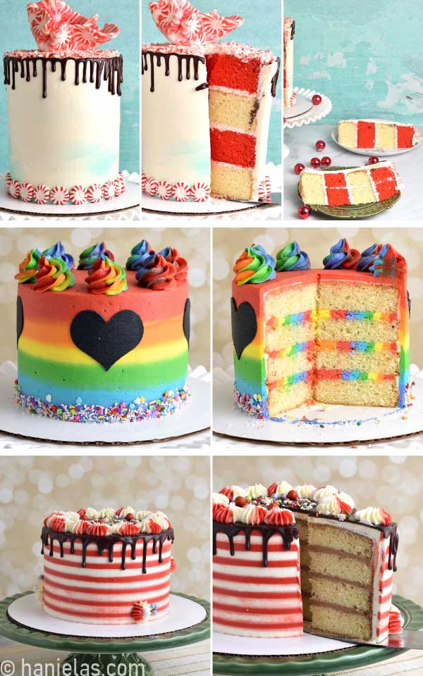Three different cakes made with a sponge cake.