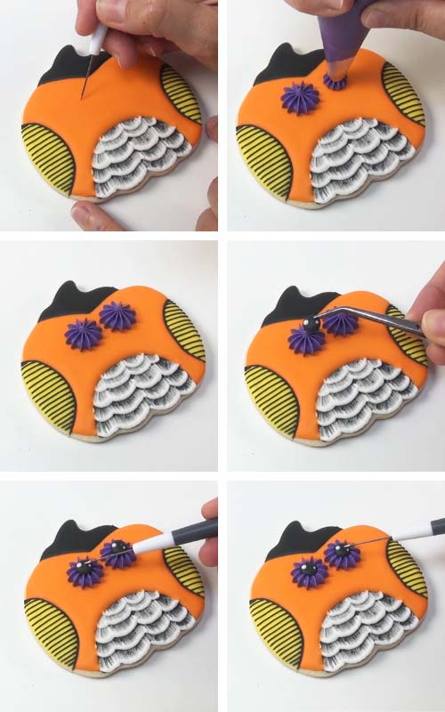 Piping eyes with a star piping tip and purple icing.