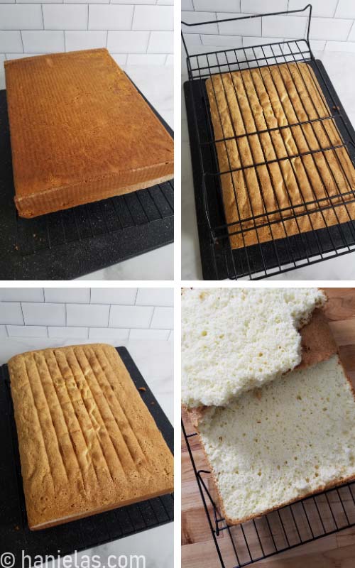 Baked rectangular cake on a cooling rack.