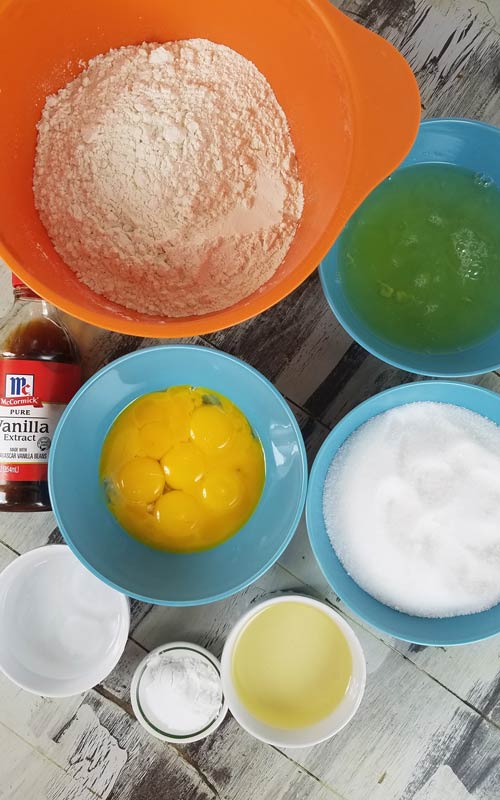 View from above showing cake ingredients in small bowls.