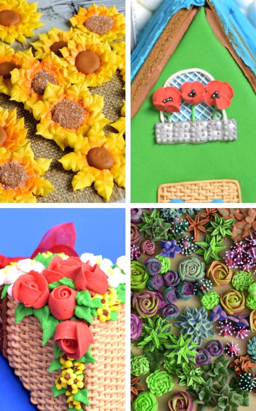 Royal icing sunflower, poppy flowers, succulent and roses.