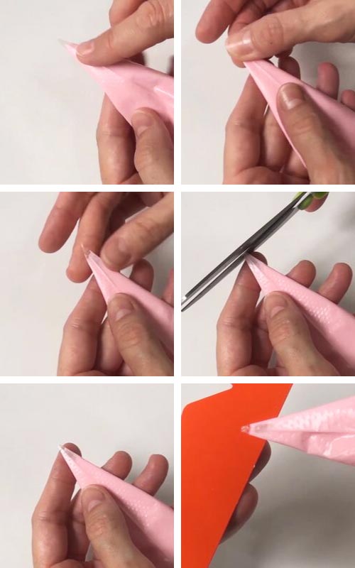 Cutting a piping bag with scrissors.