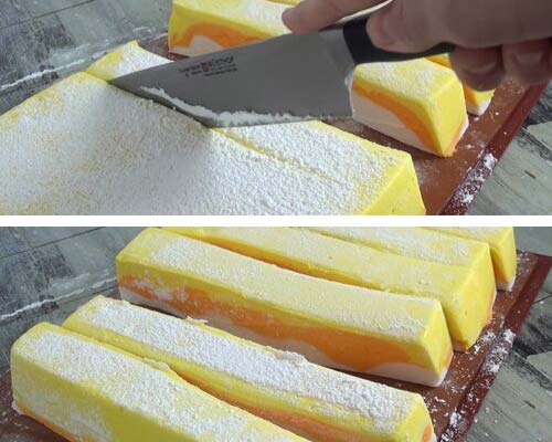Cutting marshmallows with a buttered knife.