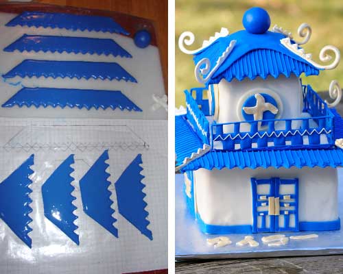 Pagoda Cake decorated with royal icing transfers.