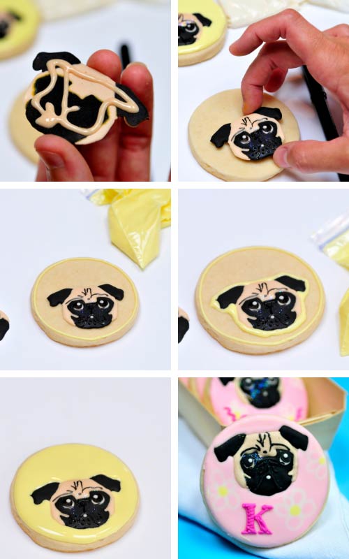 Pug royal icing transfer glued on a cookie.